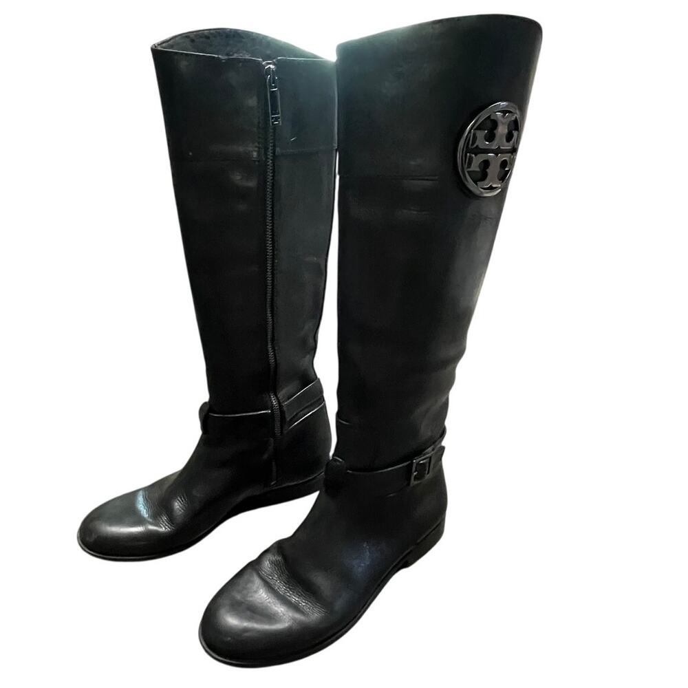 Tory Burch Black Leather Knee High Riding Boots Size 9.5 Large Gunmetal Logo